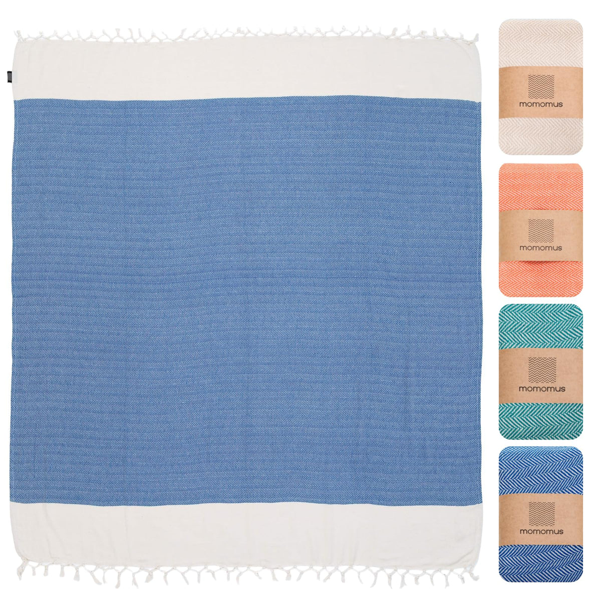 MOMOMUS Beach Towel, 90 x 170 cm, 100% Cotton, Absorbent Fouta, Blue
