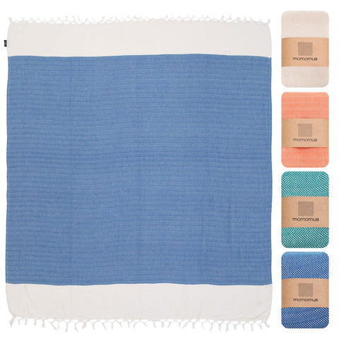 MOMOMUS Beach Towel, 90 x 170 cm, 100% Cotton, Absorbent Fouta, Blue
