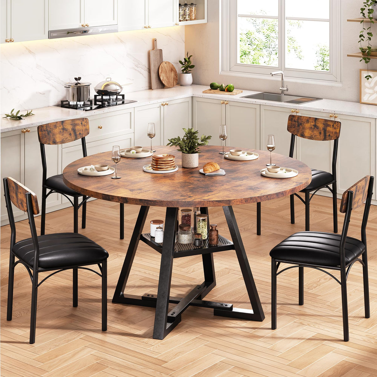 Jocoevol Round Dining Table and 4 Chairs Set of 4-6, Circle Dinner Table with Shelves, Space Saving Wood Kitchen & Dining Room Furniture