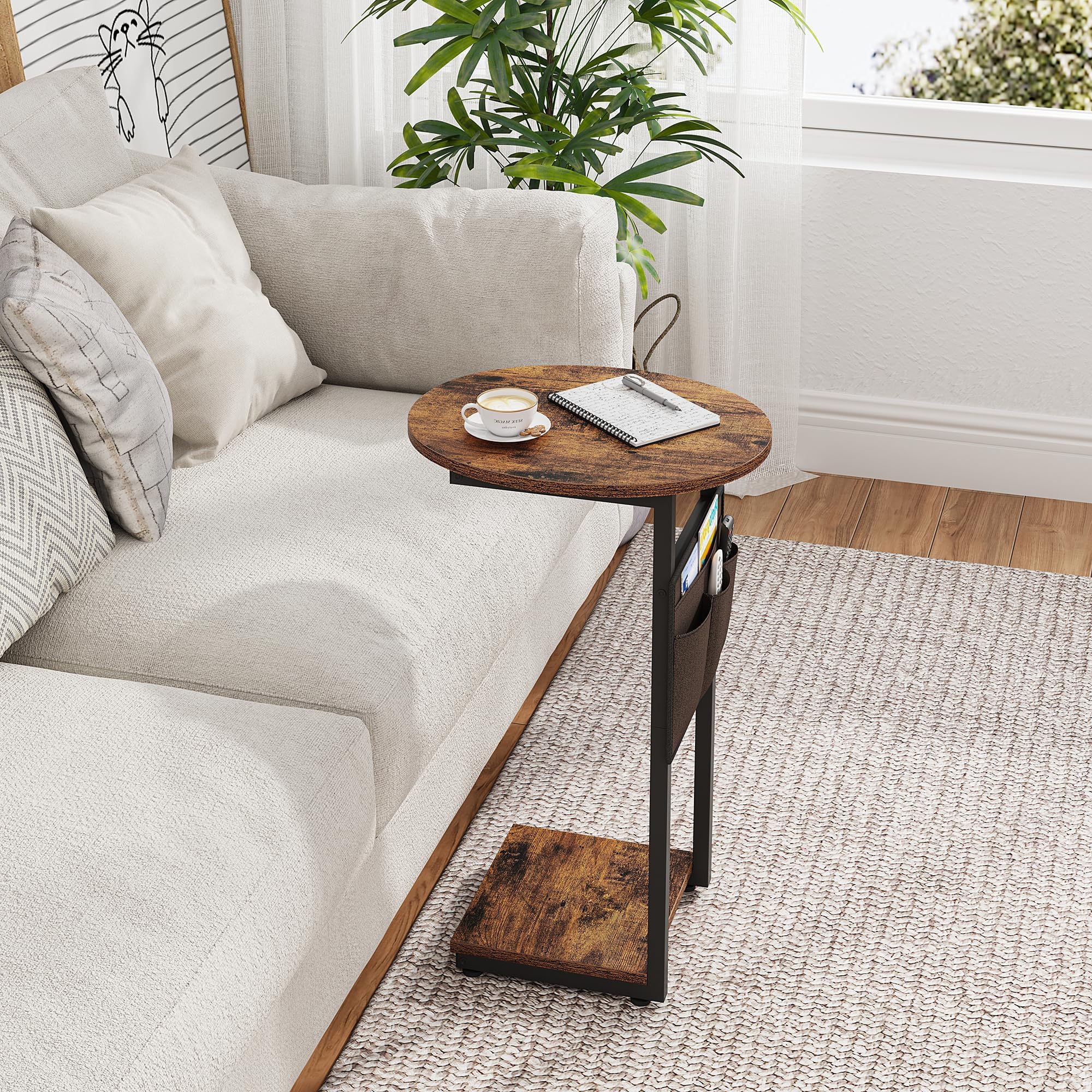 Vagusicc C Shaped End Table, Small Couch Side Tables with Metal Frame that Slide Under Sofa Table TV Tray for Living Room, Bedroom, Rustic Brown