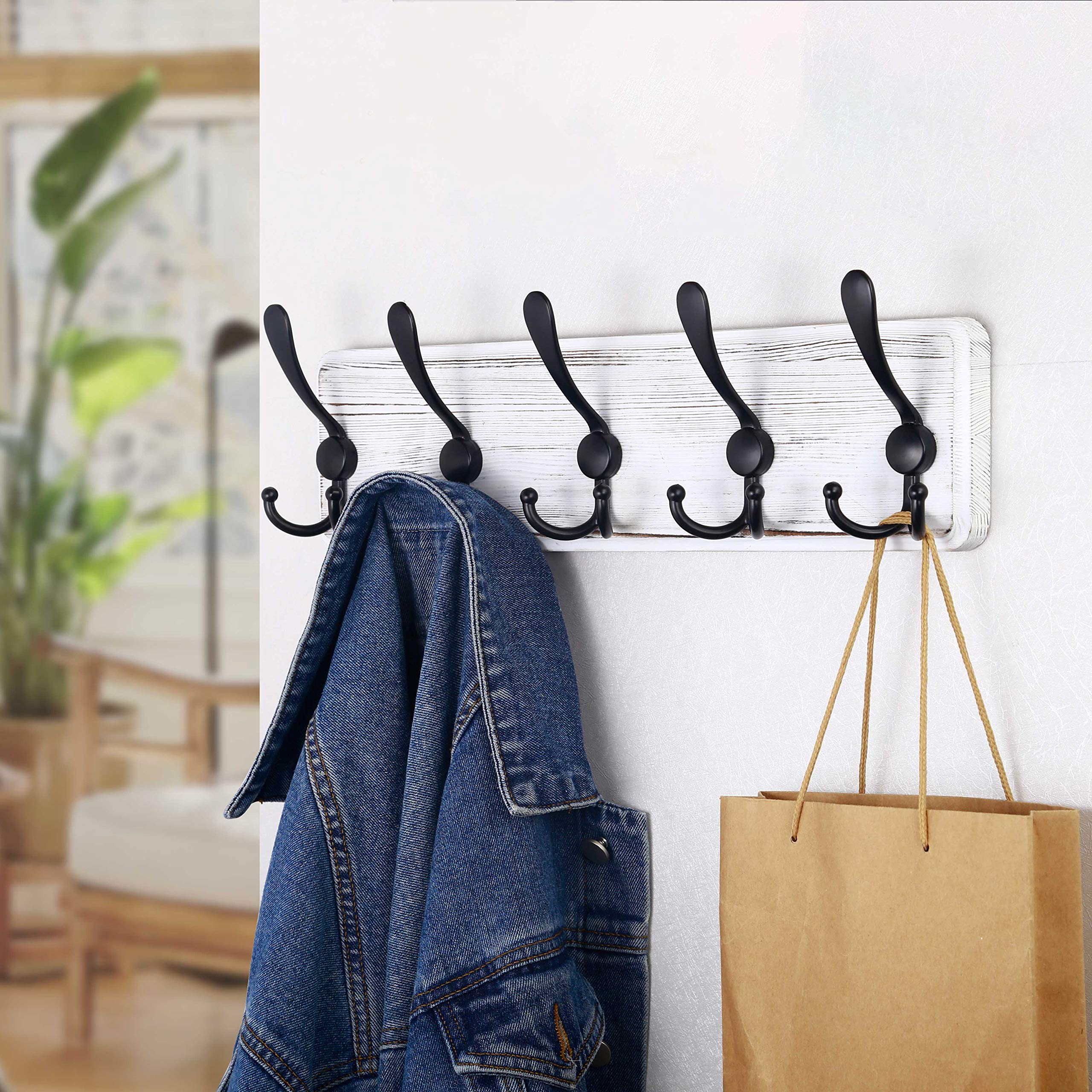 SKOLOO Coat Rack Wall Mounted - Pack of 2, Wooden, Heavy Duty, Rustic Coat Hooks for Wall, Wall Coat Rack with 5 Triple Hooks for Hanging Clothes