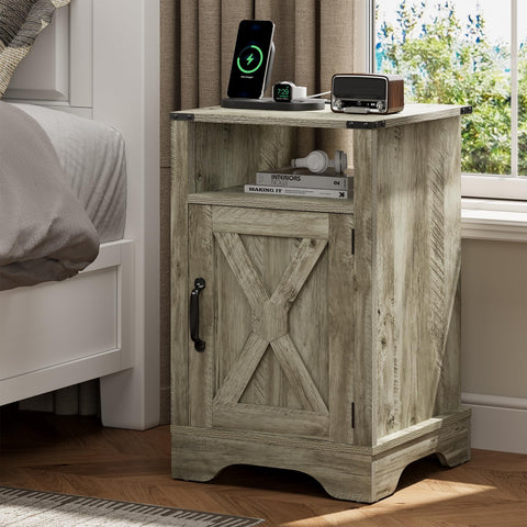 SUNVIVI Bedside Table with Charging Station, 2 AC Outlets & 2 USB Ports, Farmhouse Side Table with X-Design Storage Shelf