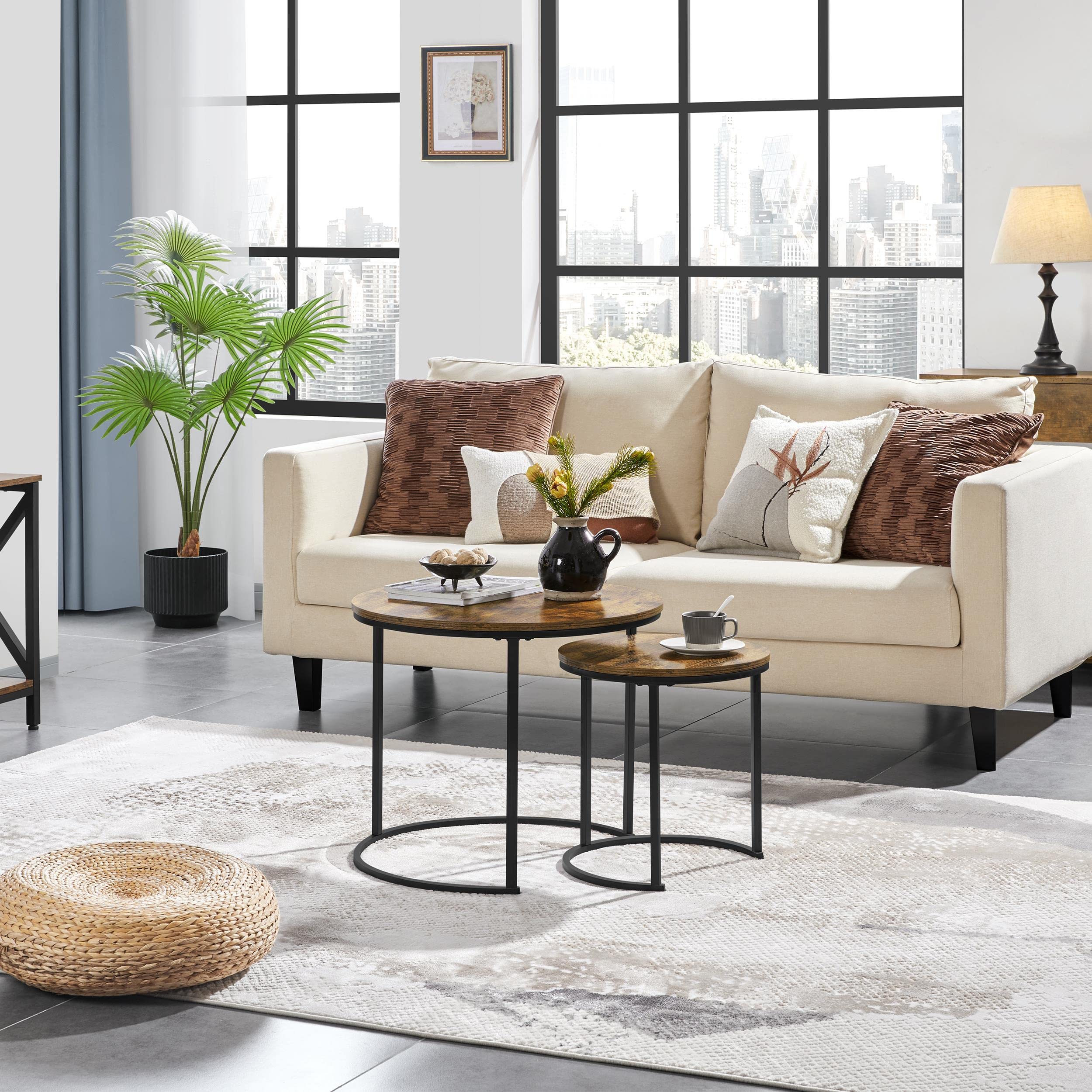 Yaheetech Round Nesting Coffee Tables Set of 2, Rustic Brown Wood Effect