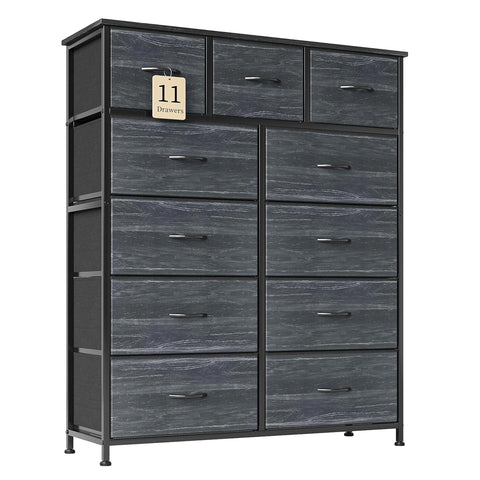 Flrrtenv Chest of Drawer with 11 Drawers, Modern Bedroom Cabinte, Fabric Drawers with Wooden Top, Sturdy Metal Frame, Tall Black Hallway Storage Unit