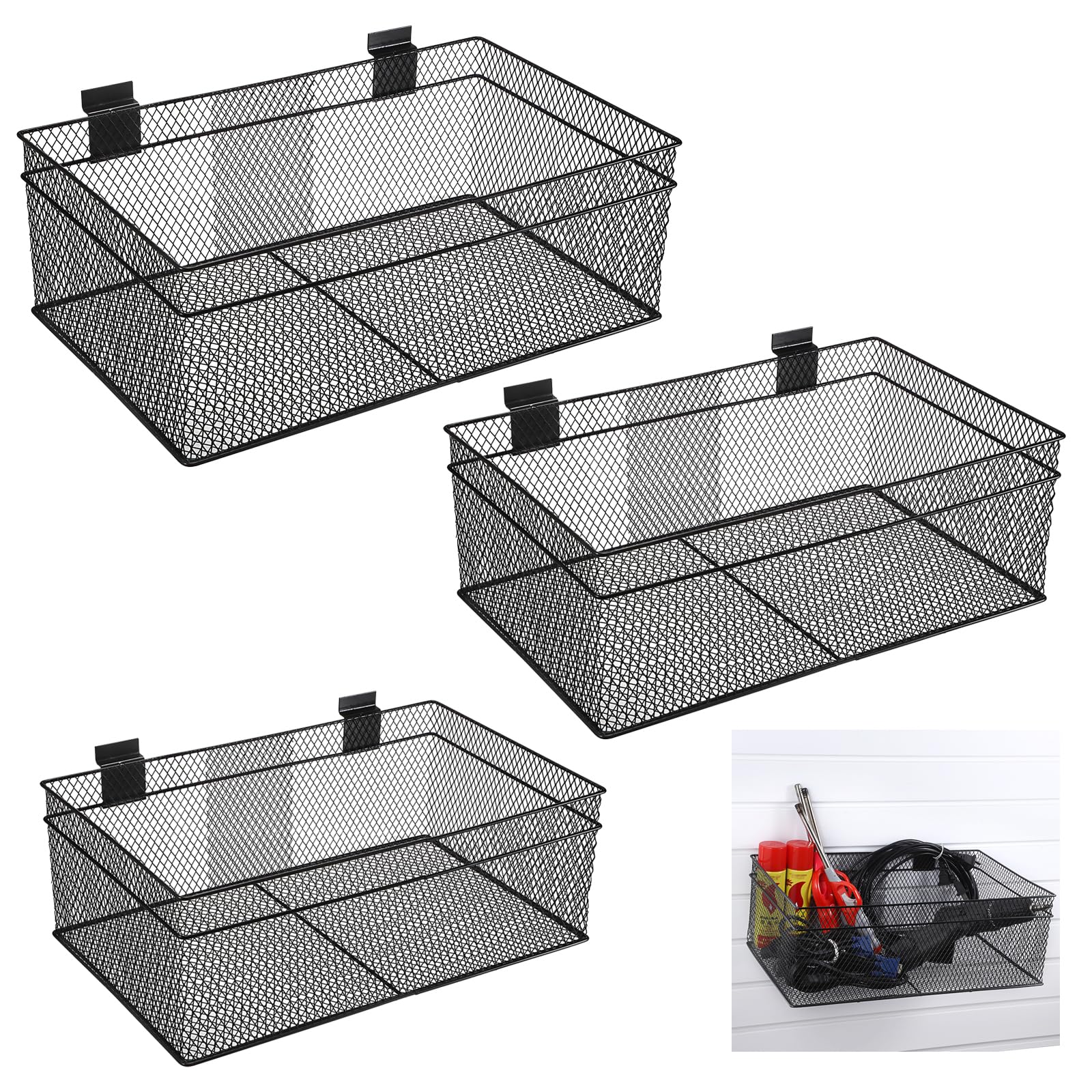 IGNPION Set of 3 Slatwall Storge Baskets, Metal Wire Slat Wall Panel Storage Bins, Garage SlatWall System Accessories Hanging Baskets