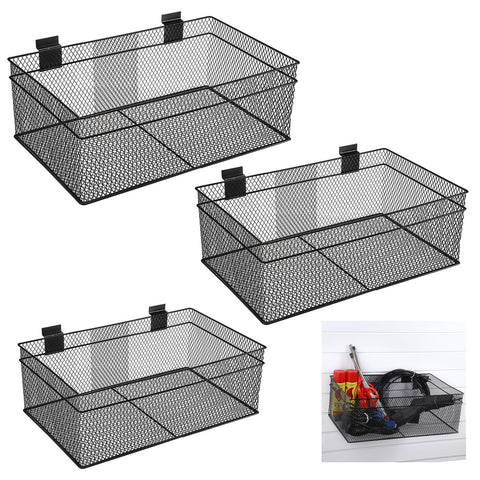 IGNPION Set of 3 Slatwall Storge Baskets, Metal Wire Slat Wall Panel Storage Bins, Garage SlatWall System Accessories Hanging Baskets
