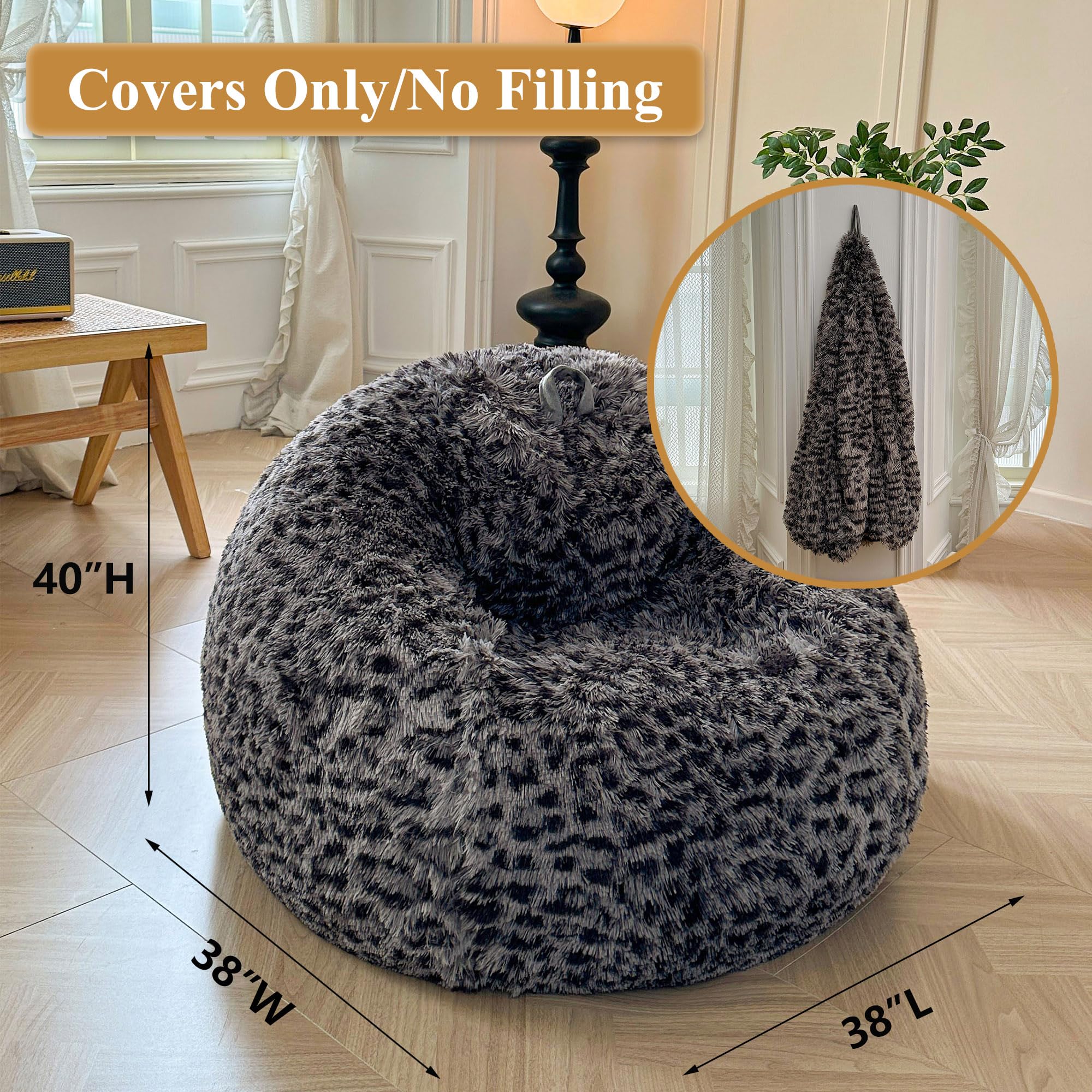 XeGe Faux Fur Leopard Print Bean Bag Chair Cover(No Filler), Cheetah Grey