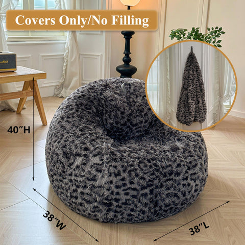 XeGe Faux Fur Leopard Print Bean Bag Chair Cover(No Filler), Cheetah Grey