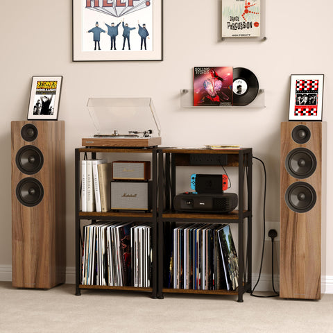 HFHOME Record Player Stand with Charging Station, 3 Tier End Table with Vinyl Record Storage, Record Player Table with Storage