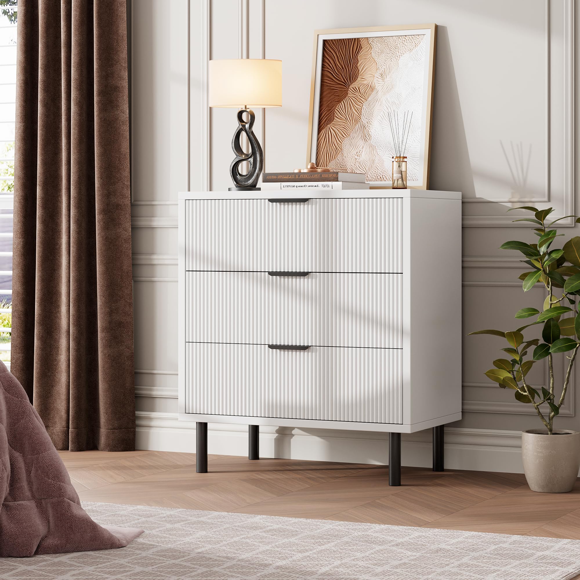 Crevyteg White Fluted 3 Drawers Dresser, Wide Wood Chest of Drawers, Modern Storage Dresser Chest of Drawers Organizer with Metal Legs and