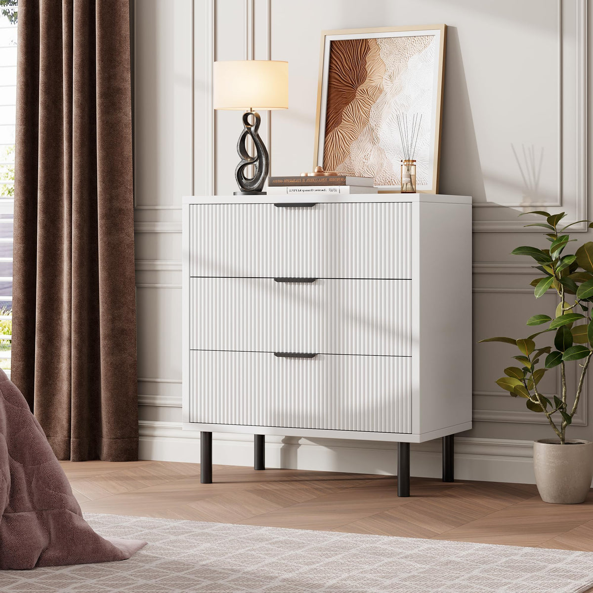 Crevyteg White Fluted 3 Drawers Dresser, Wide Wood Chest of Drawers, Modern Storage Dresser Chest of Drawers Organizer with Metal Legs and