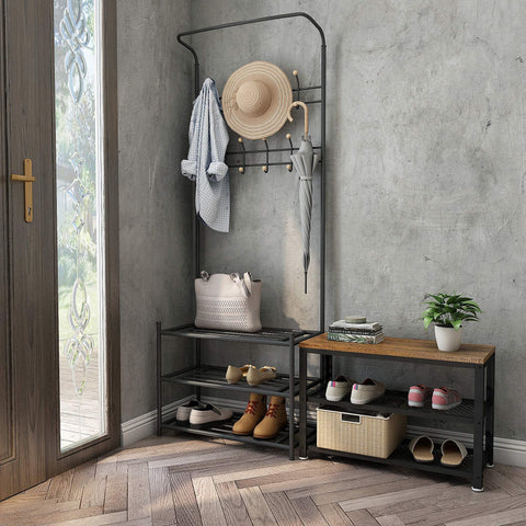 Mondeer Meerveil Shoe Bench, Shoe Rack with 2 Metal Mesh Shelves Industrial Design for Living Room Hallway Entryway, 73 x 30 x 45 cm, Rustic Brown