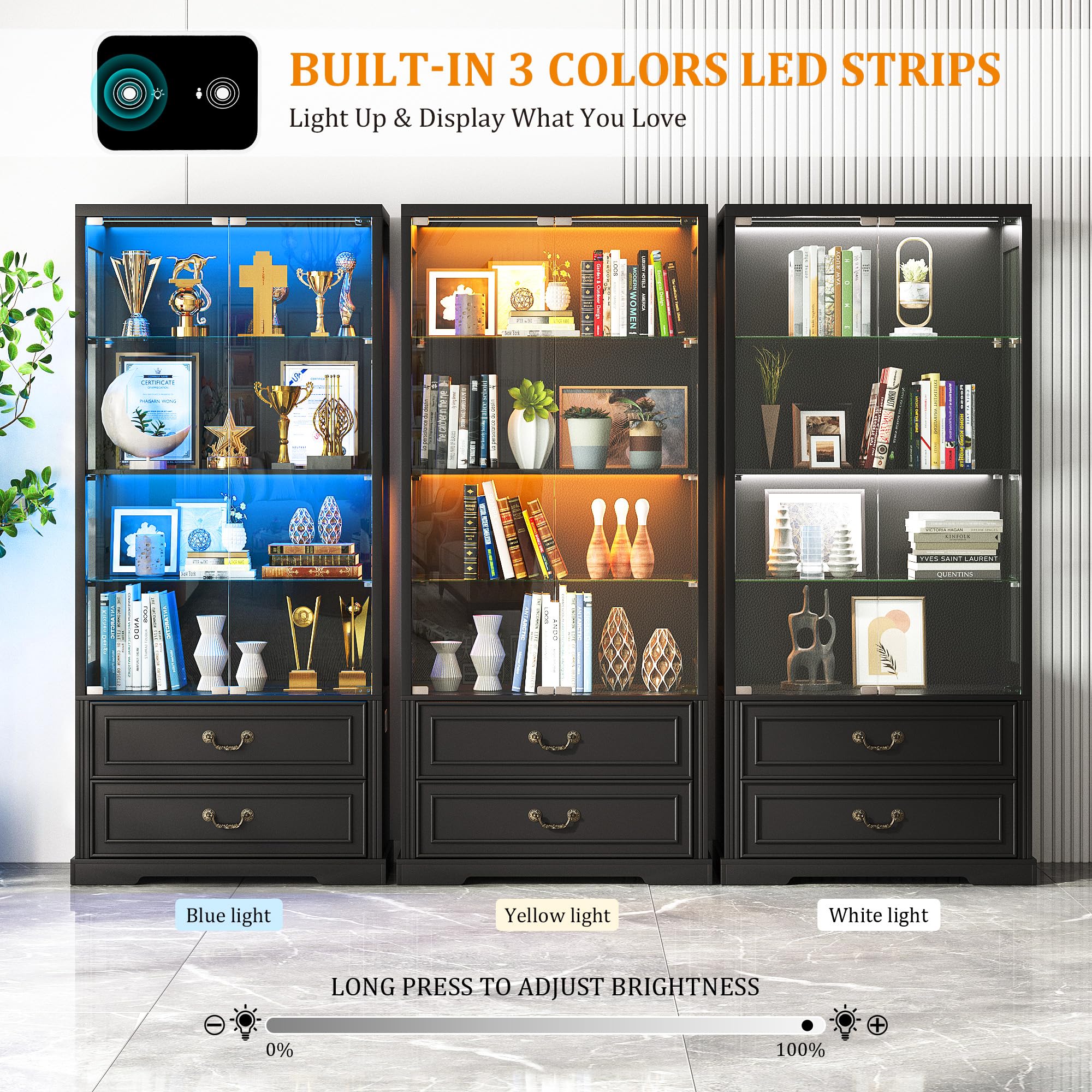 FREDEES LED Display Cabinet with Glass Doors and Drawers, Black