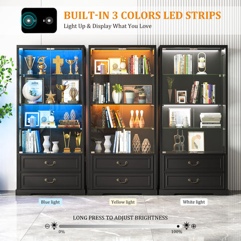 FREDEES LED Display Cabinet with Glass Doors and Drawers, Black