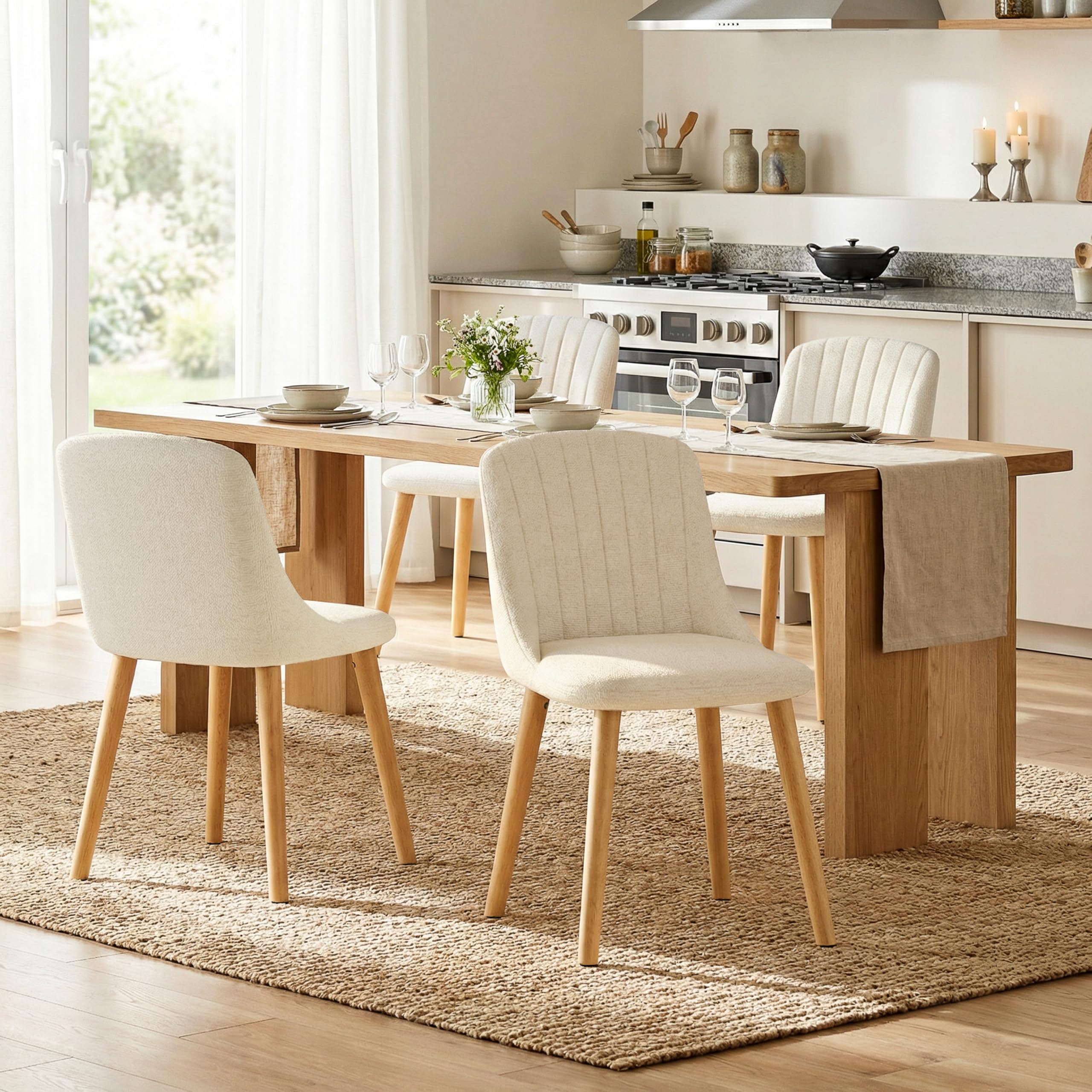 Goeurvant Dining Chairs Set of 4 Upholstered Armchairs with Wooden Legs Kitchen Chairs for Living Room, Beige-Chenille