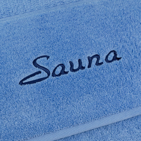 Frottana Pearl Sauna Towel with Embroidery Motif 80 x 200 cm 100% Cotton Cornflower