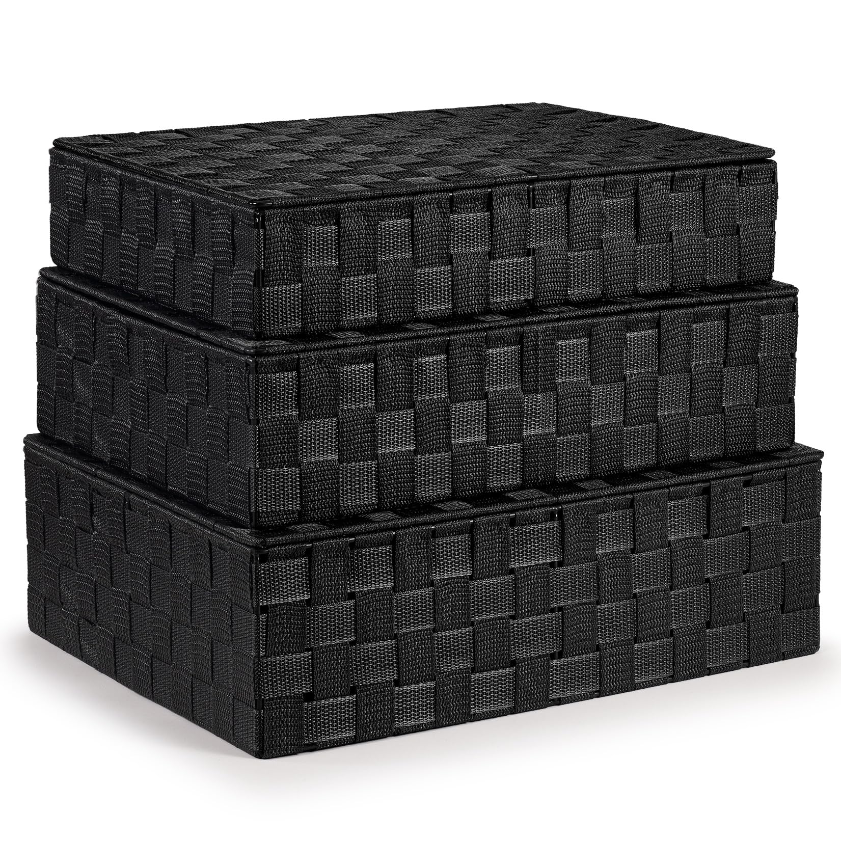 EHC Storage Boxes With Lid Set of 3, Storage baskets for shelves Woven, Storage Organiser Hamper Baskets, Black