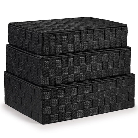 EHC Storage Boxes With Lid Set of 3, Storage baskets for shelves Woven, Storage Organiser Hamper Baskets, Black