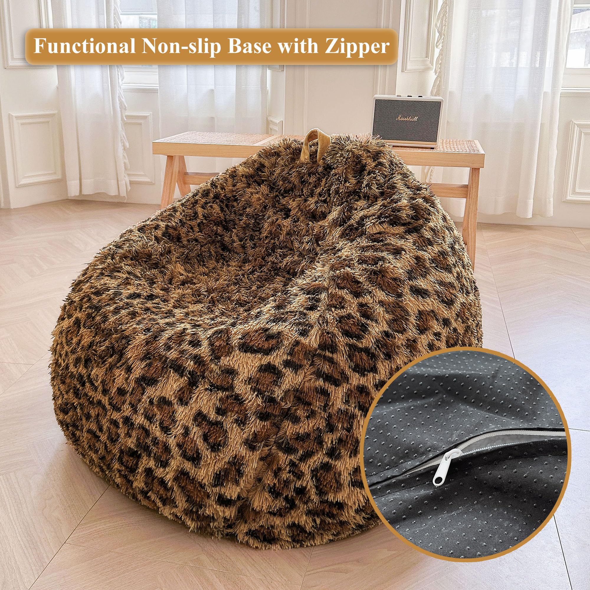 XeGe Faux Fur Leopard Print Bean Bag Chair Cover(No Filler), Cheetah Brown