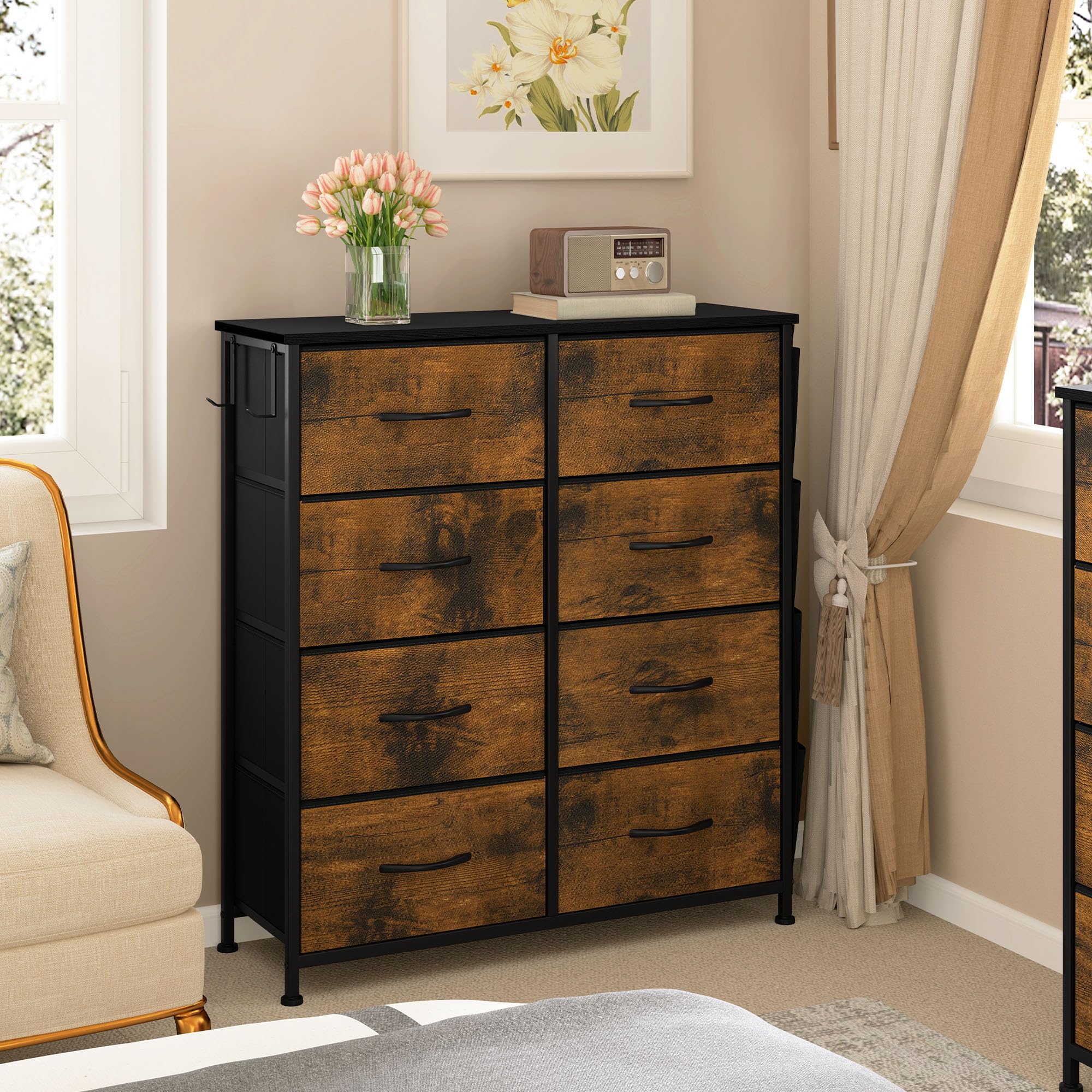YITAHOME Chest of Drawers with 8 Drawers, Fabric Drawers Cabinet with Side Pocket&Hooks,Easy Pull Handle,Sturdy Steel Frame,Storage Drawers for