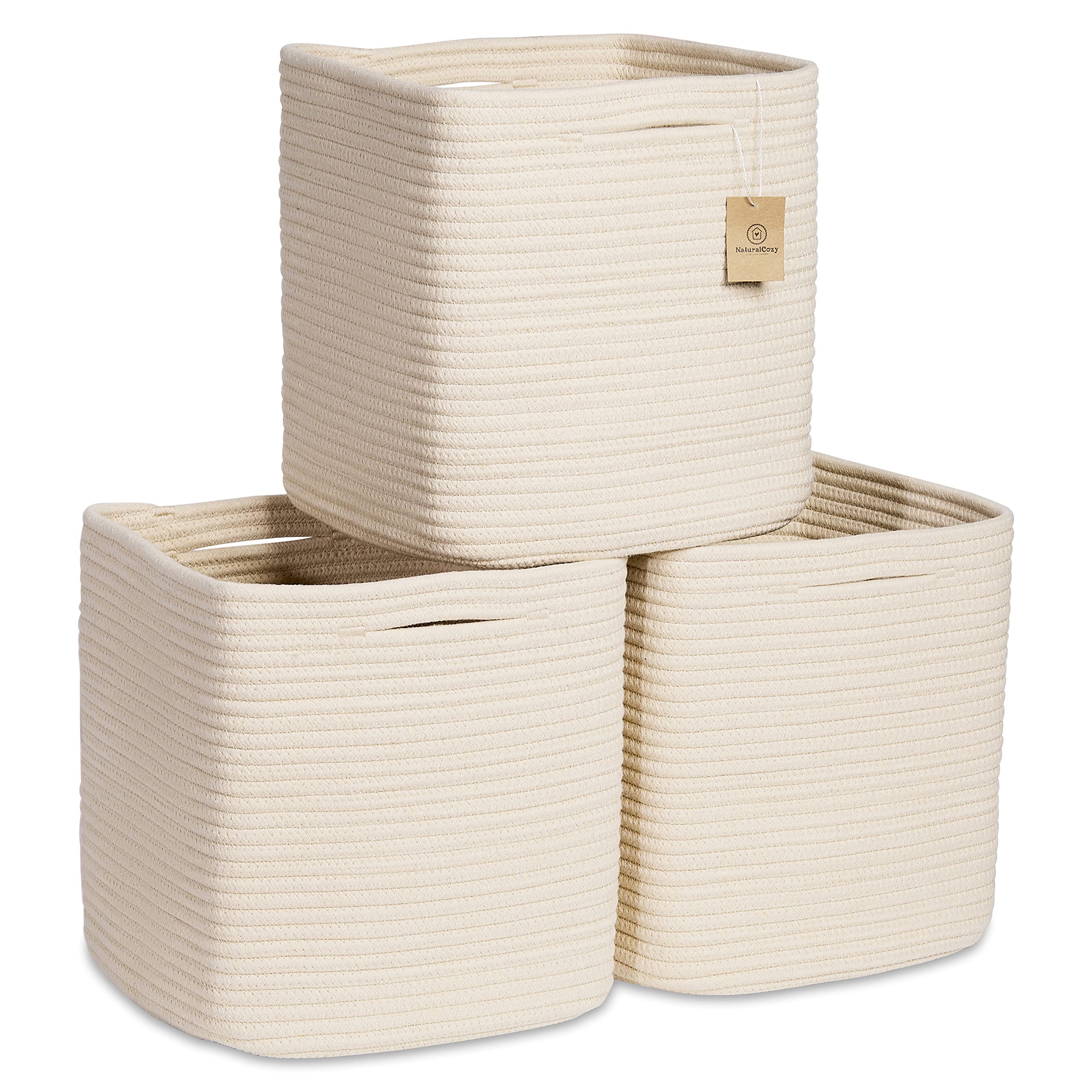 NaturalCozy Storage Cubes 11 Inch Cotton Rope Woven Baskets for Organizing, 3-Pack | Cube Storage Bin | Square Storage Baskets for Shelves Organizer