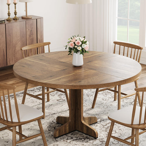 47.2 Inch Round Dining Table for 4-6 People, Engineered Wood Tabletop with Sturdy Wooden Base, Adjustable Feet for Stability