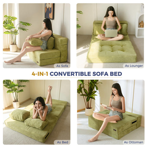 MAXYOYO Folding Foam Sofa Bed, Tri-Fold Mattress with 2 Pillows, Convertible Sofa Chair Futon Z Bed with 15cm Thincken Foam