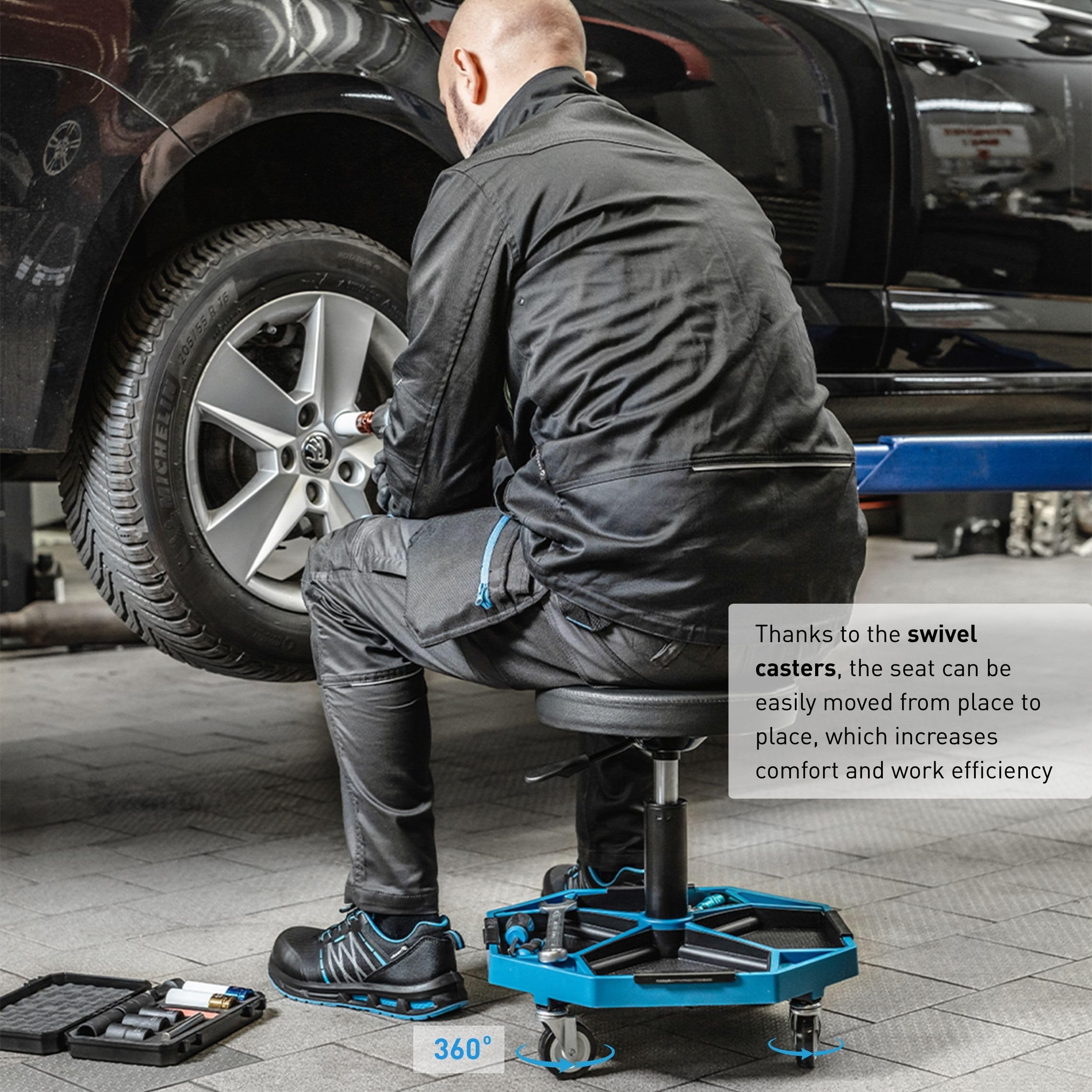 Högert Technik - Adjustable Workshop Stool | Telescopic Workshop Seat | Height Adjustment | Heavy Duty Construction | Maximum Load 140kg