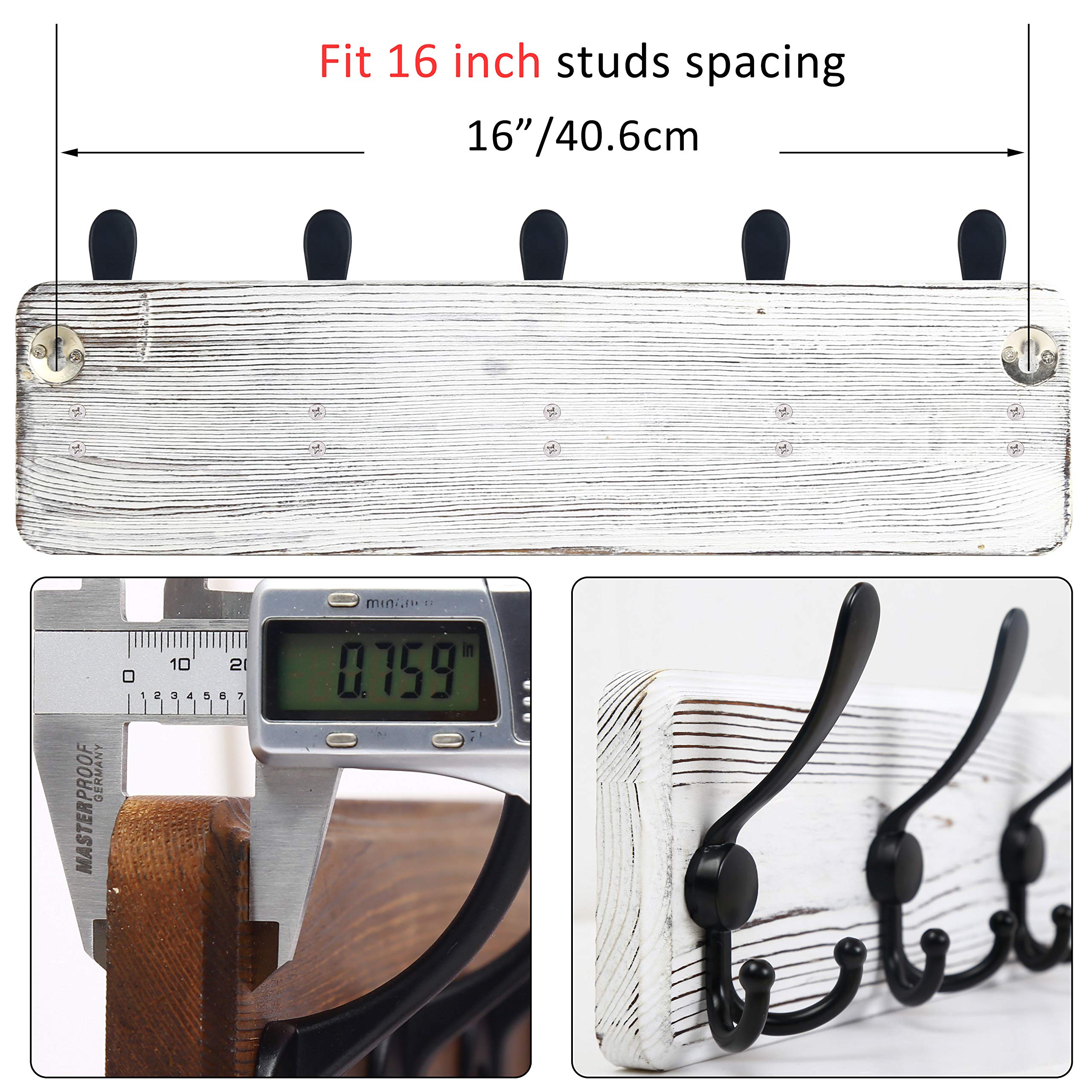 WEBI Coat Rack Wall Mounted,Wood Coat Hooks Wall Mount,16" Hole to Hole,Coat Hanger Wall,Hook Rack Rail,5 Triple Hooks for Hanging