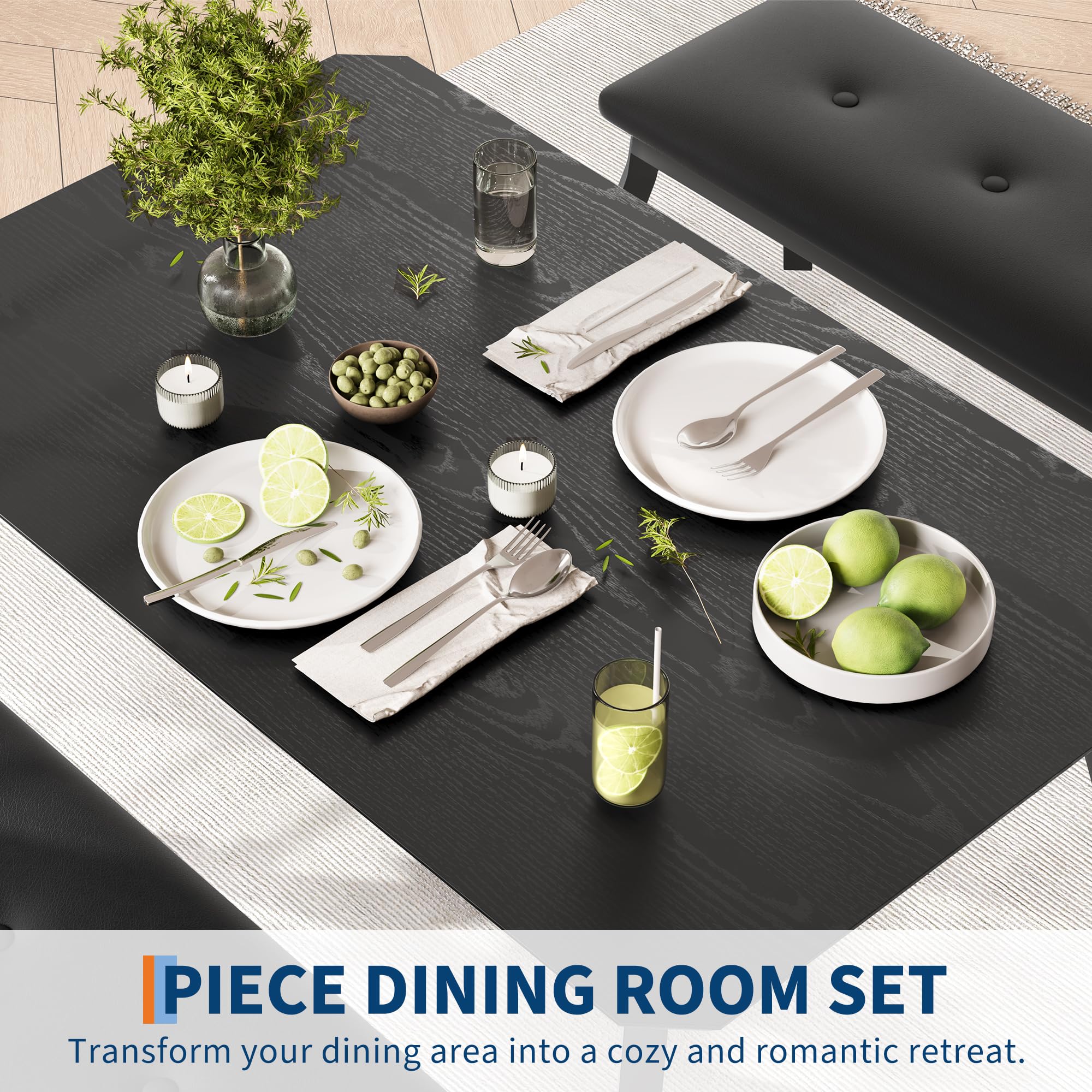 Crevyteg Space Saving Dining Table Set for 4, Modern Kitchen Table and Bench Set with Slide Under Benches for Small Apartments and Breakfast Nooks