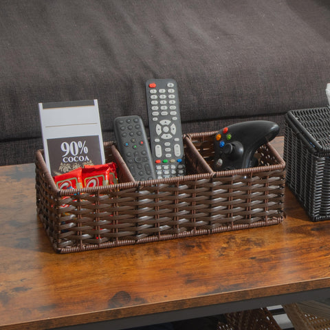 myHomeBody Wicker Basket With 3 Compartments, Bathroom Caddy, Dark Walnut