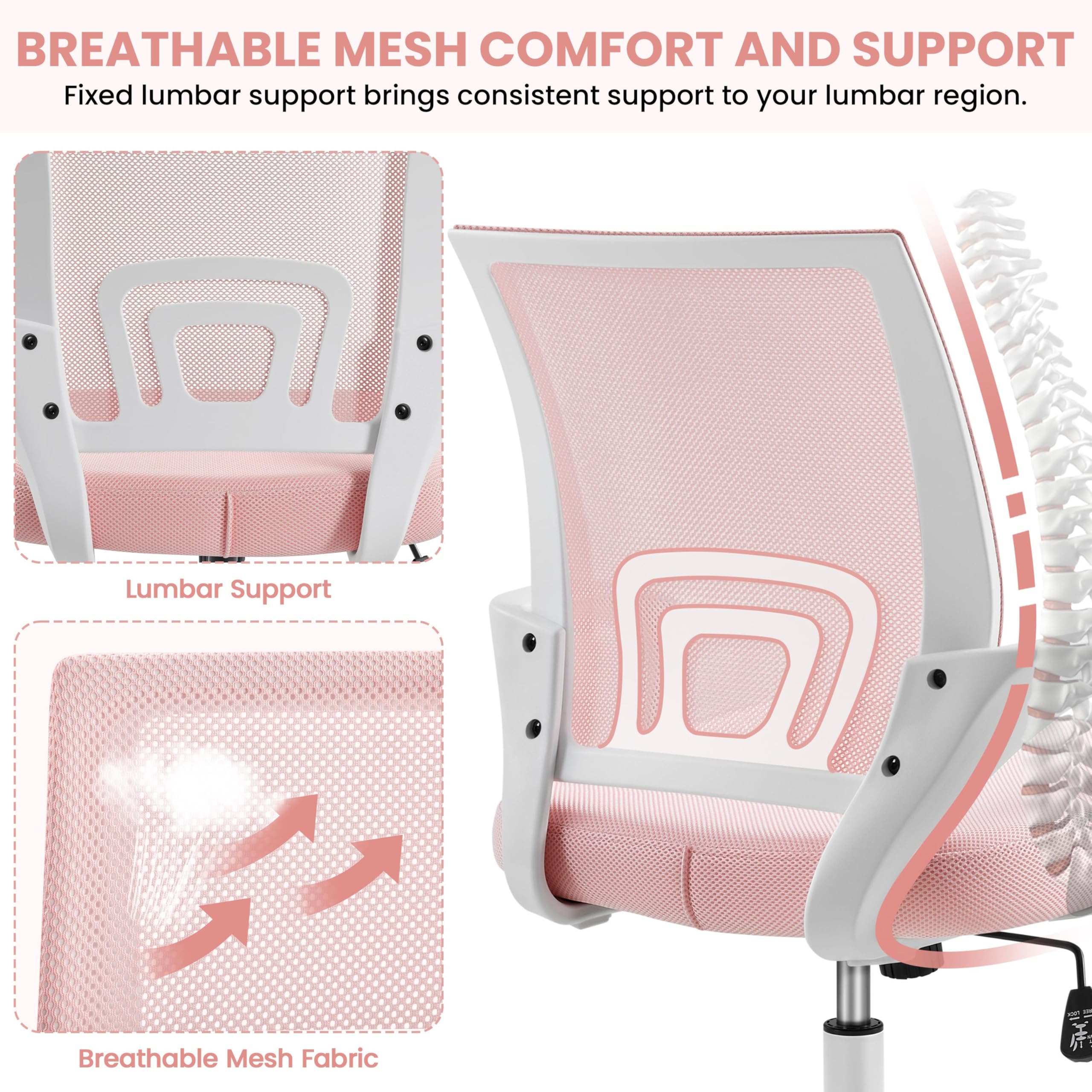 Yaheetech Ergonomic Chair Mesh Swivel Lumbar Support Adjustable Desk Pink