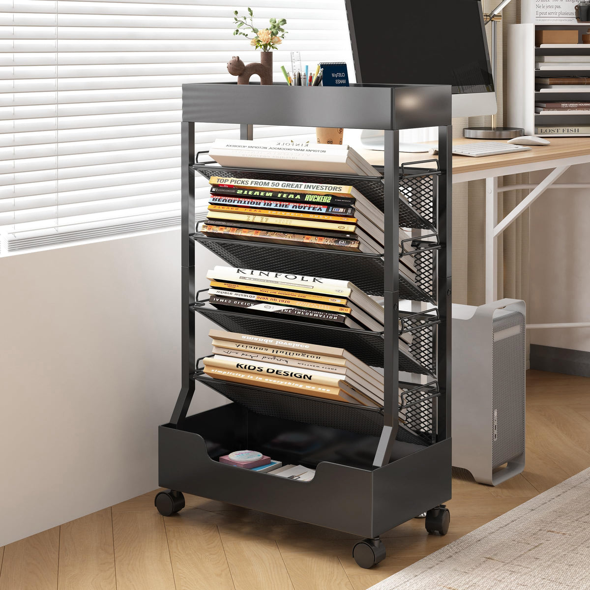 Ornestia Metal Book Trolley, Mobile Storage Bookcase with Wheels(Black)
