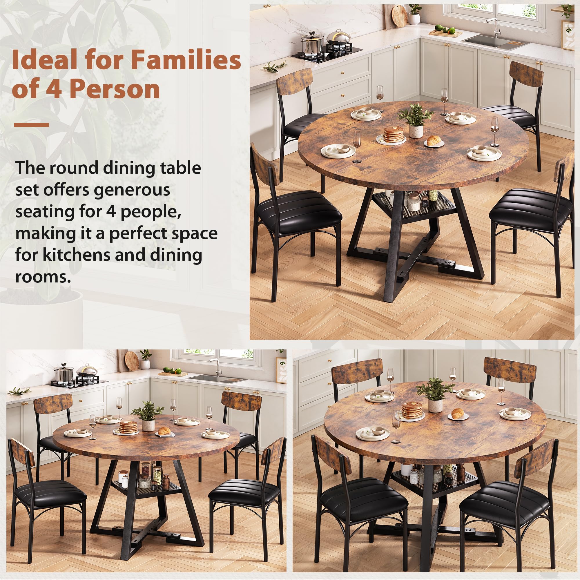 Jocoevol Round Dining Table and 4 Chairs Set of 4-6, Circle Dinner Table with Shelves, Space Saving Wood Kitchen & Dining Room Furniture