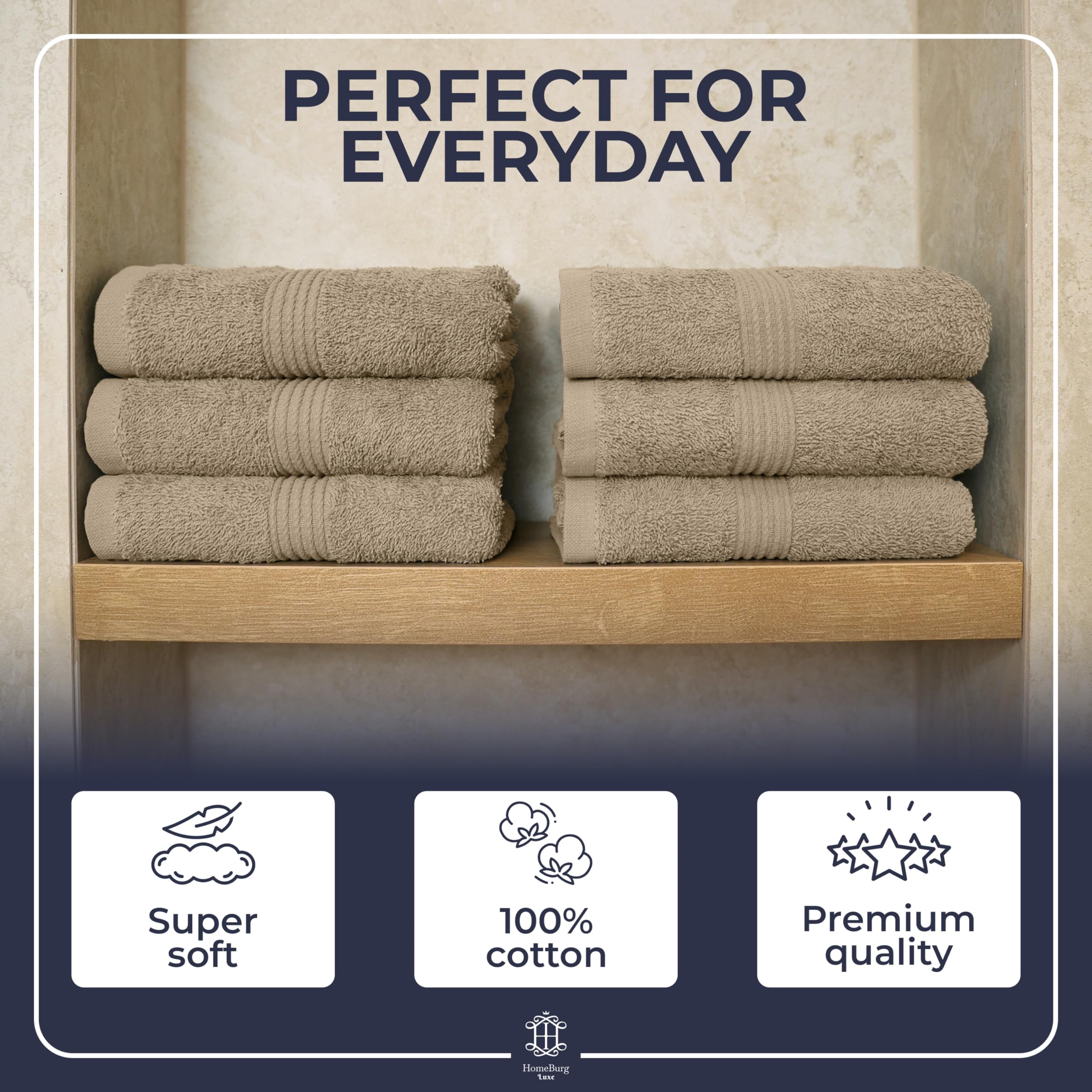 HomeBurg Luxe 6-Piece Towel Set – Soft & Absorbent Cotton, Quick-Drying, Easy Care, 40 x 70 cm, Sand/Beige