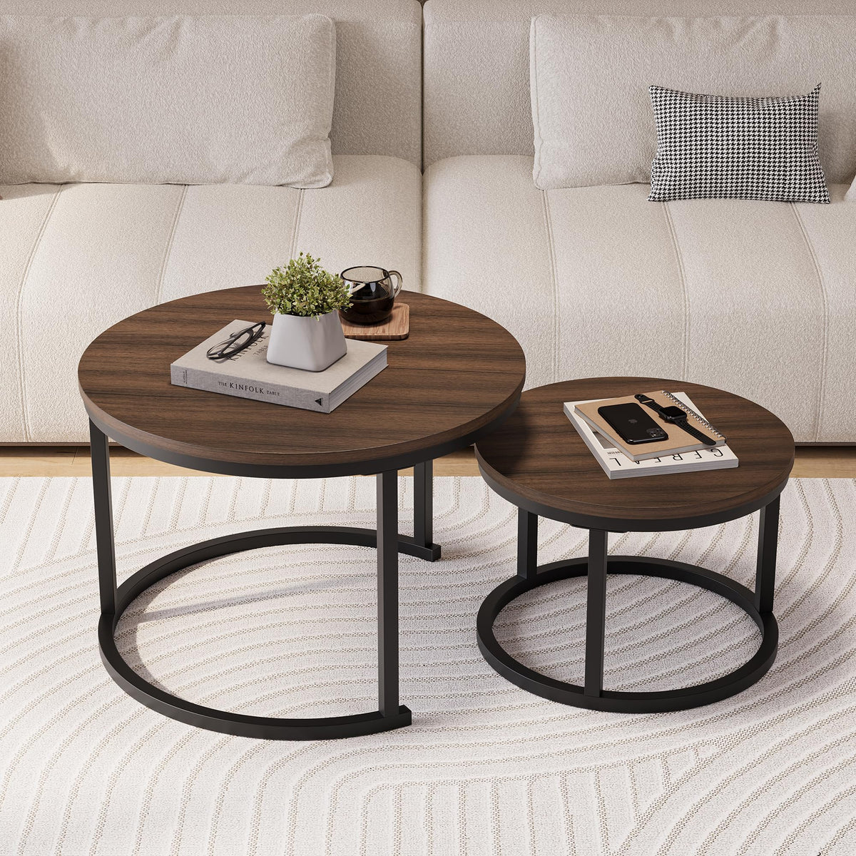 HOJINLINERO Round Nesting Coffee Table Set of 2,Stacking Sofa Side Table End Table, for Living Room, Bedroom, Office, Balcony, Apartment (Walnut)