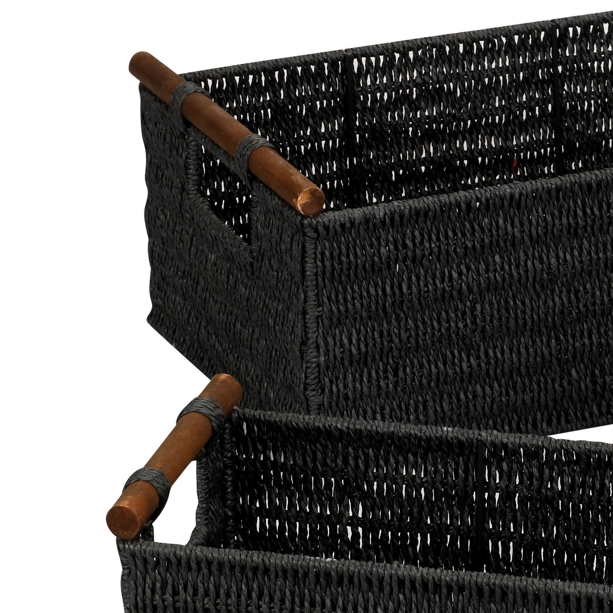 Household Essentials Decorative Woven Baskets, Set of 3 Baskets, Paper Rope with Wood Handles, Sturdy Metal Frame, Small, Medium and Large, Black