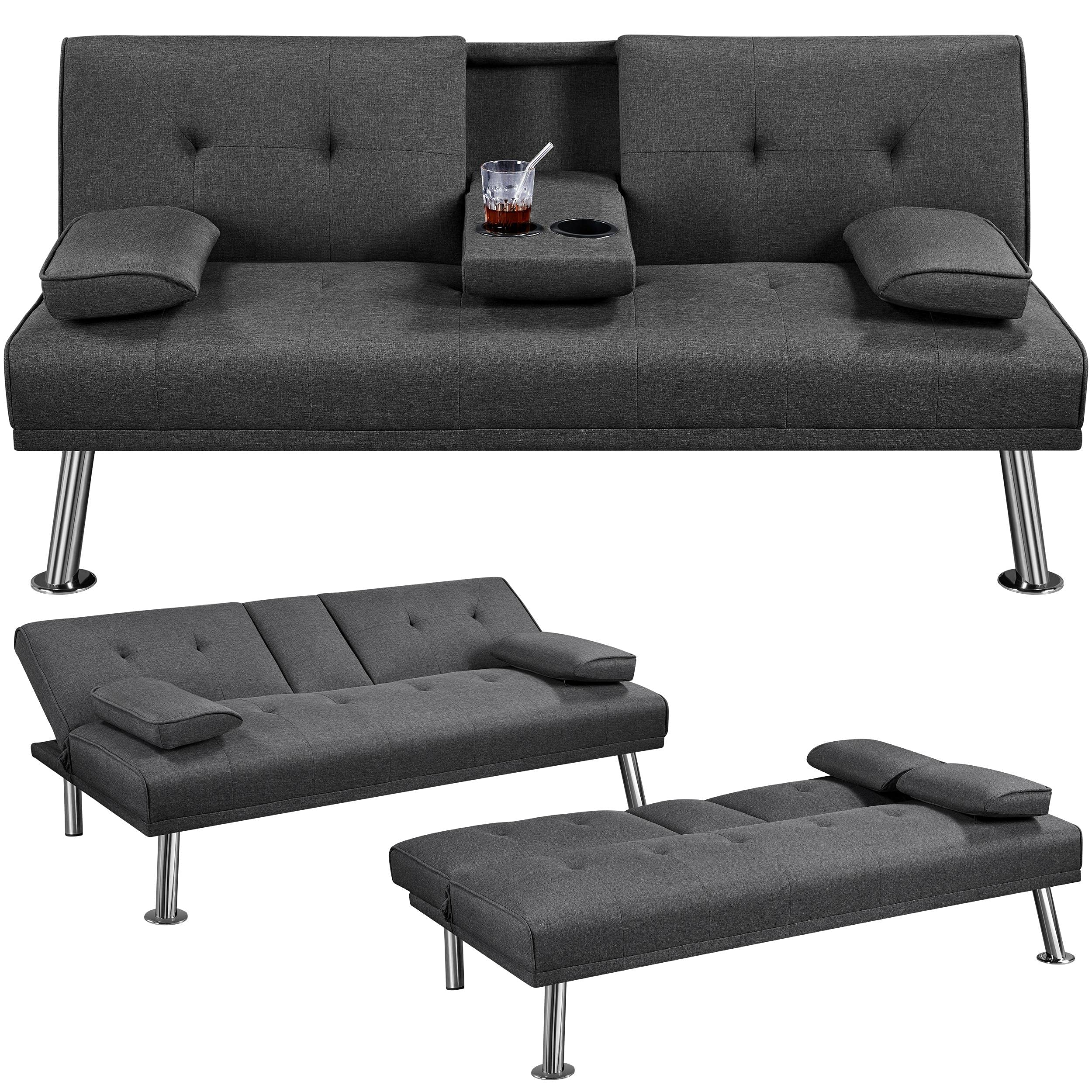 Yaheetech Dark Grey 3-in-1 Convertible Upholstered Cup Holder Sofa Bed