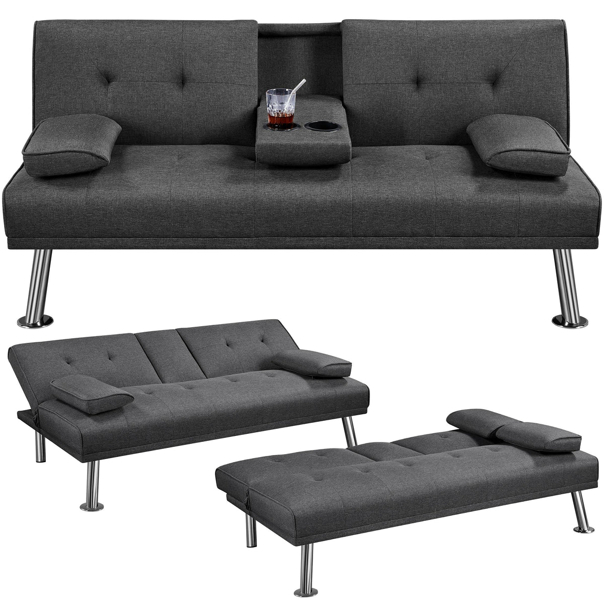 Yaheetech Dark Grey 3-in-1 Convertible Upholstered Cup Holder Sofa Bed