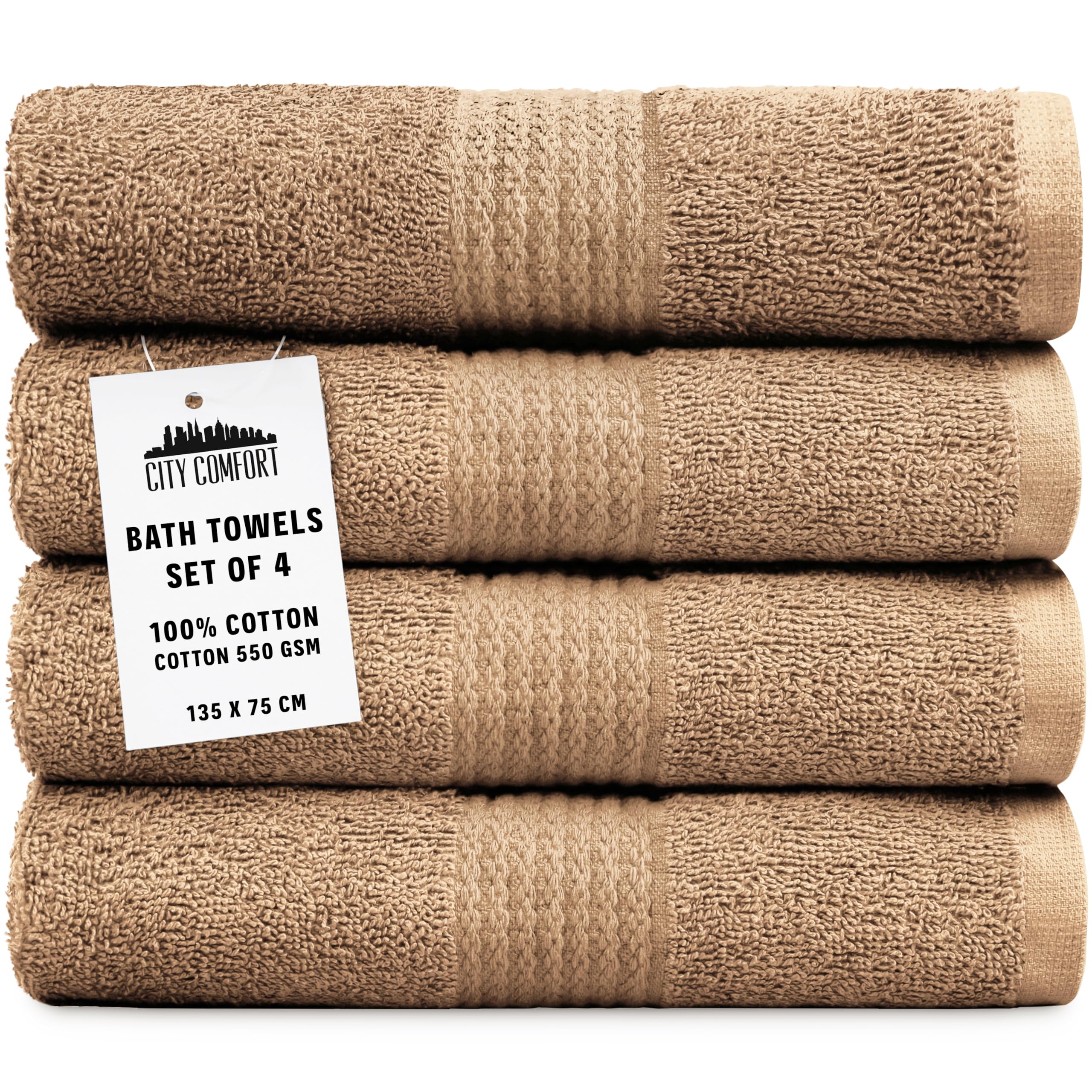 CityComfort Bath Towels Set of 4 100% Cotton 550 GSM 75x135cm Highly Absorbent Fluffy Bathroom Towels Household Essentials (Brown - 4 Pack)