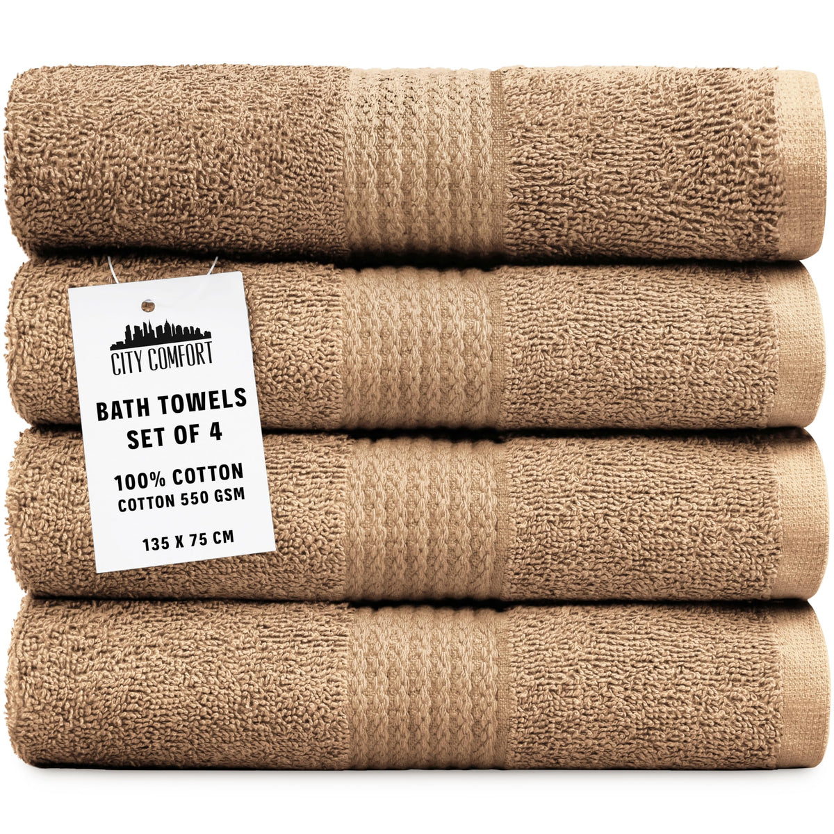 CityComfort Bath Towels Set of 4 100% Cotton 550 GSM 75x135cm Highly Absorbent Fluffy Bathroom Towels Household Essentials (Brown - 4 Pack)