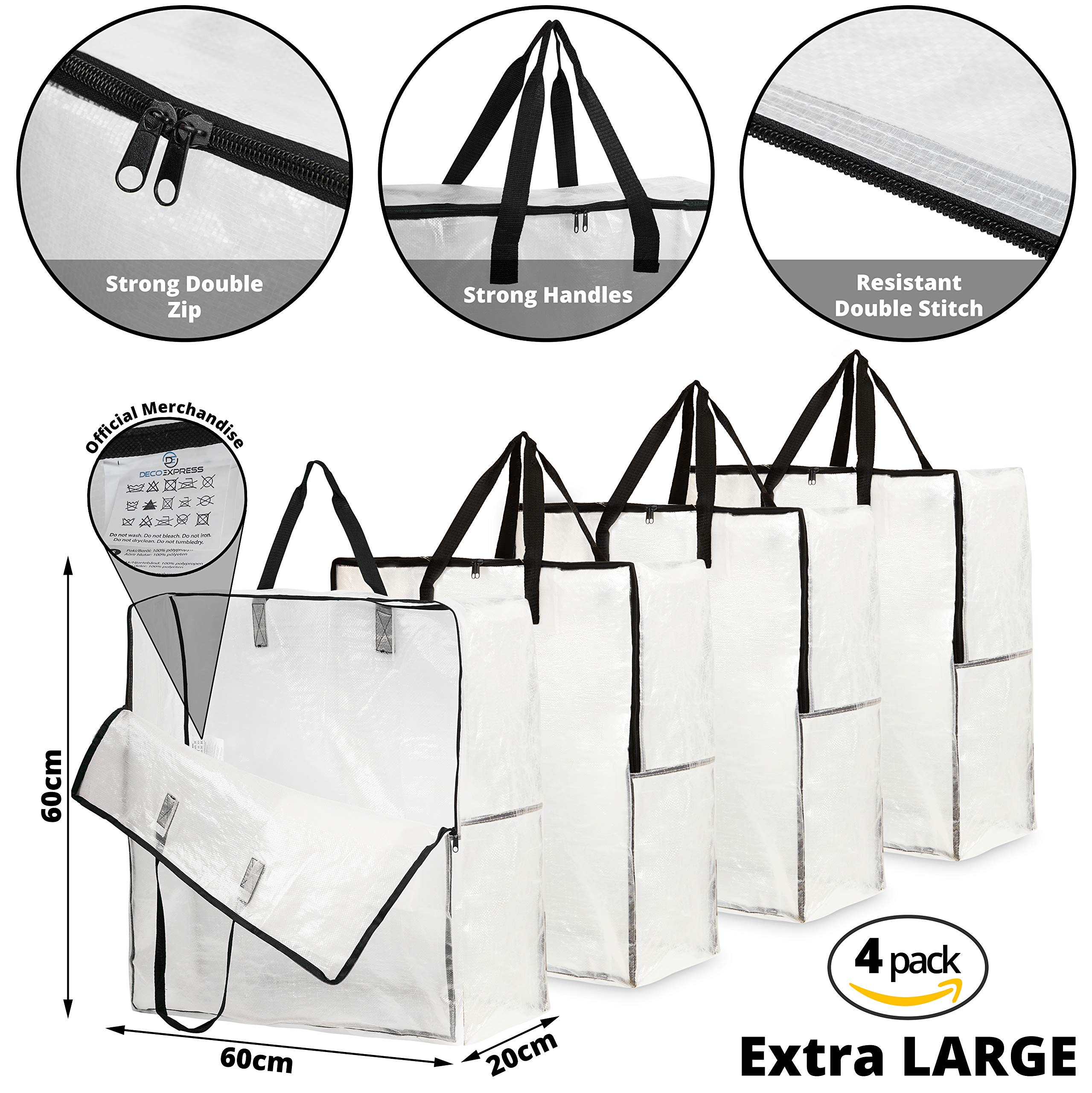 DECO EXPRESS Laundry Bags XL, Pack of 4 Heavy Duty Jumbo Garage, Attic or Underbed Storage Solutions for Clothes, Bedding, Duvet