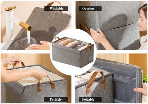 AARAINBOW Closet Organizer Bins 6 Pc, Fabric Clothes Storage Boxes for Wardrobe, Stackable Foldable Storage Boxes with Lids & Metal Frame, 23L