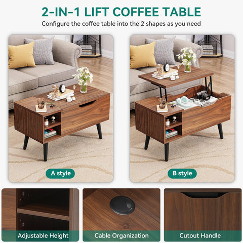 YITAHOME Lift Top Coffee Table with Hidden Compartment, Adjustable Storage Shelf, Spring Lifter, Coffee Table with Storage for Living Room
