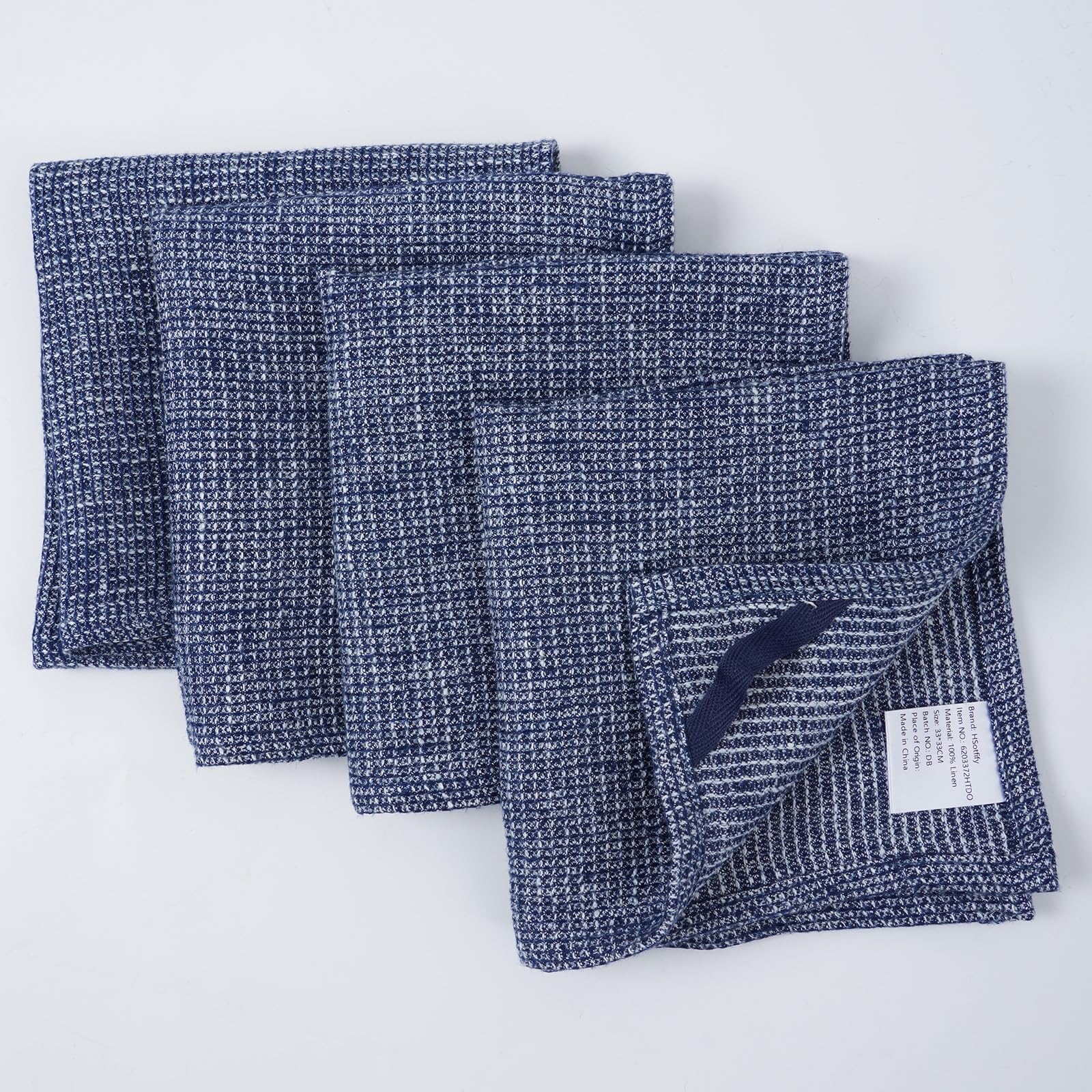 HSOFTIFY 100% Pure Linen Washcloths with Waffle Weave 4 Pack, Blue