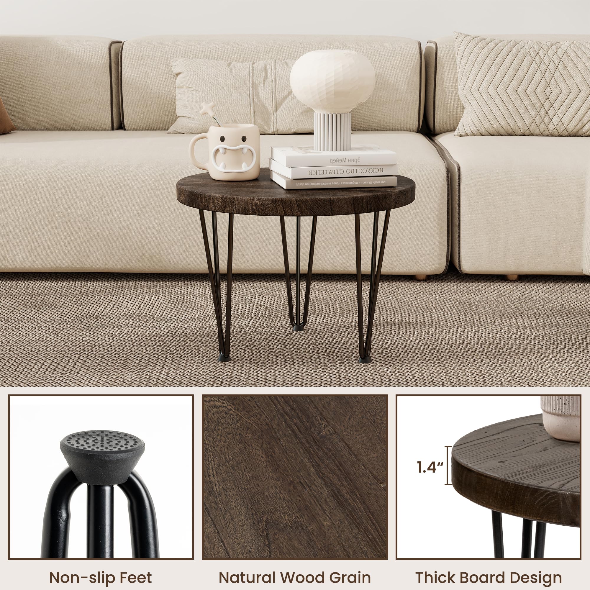 Fun Memories Round Coffee Table - Elm Wood Nesting Table with Metal Legs & Non Slip Feet Base - Rustic Nesting End Tables for Living Room Bedroom