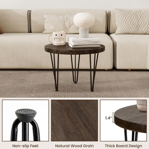 Fun Memories Round Coffee Table - Elm Wood Nesting Table with Metal Legs & Non Slip Feet Base - Rustic Nesting End Tables for Living Room Bedroom