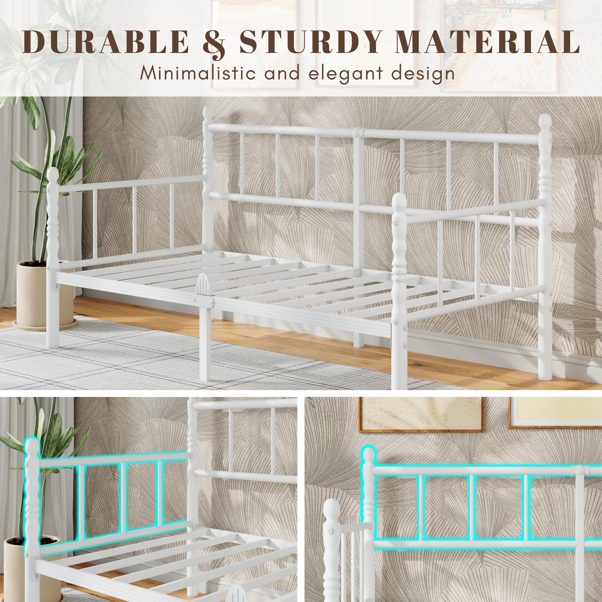 QFtime Single Metal Day Bed Frame - Day Bed Frame with Headboard and Steel Slat Support Underbed Storage Easy Assembly, Noise Free White