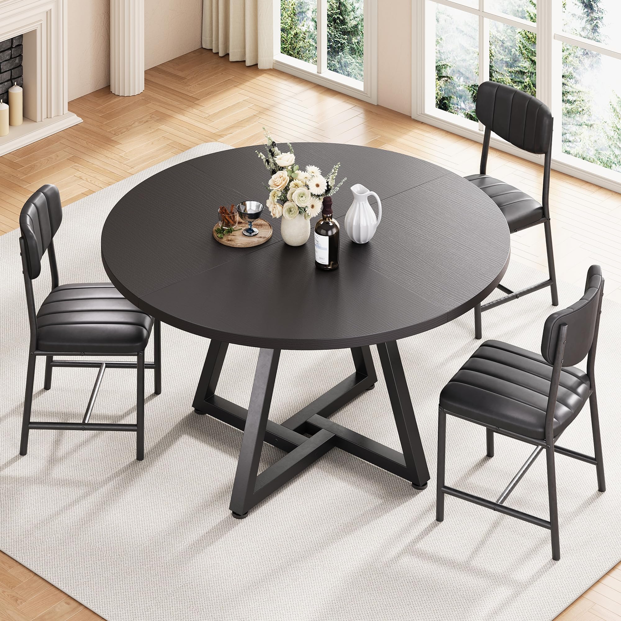 Jocoevol Round Kitchen Dining Table for 2 People, Circle Dinner Table with Metal Frame, Space Saving Wood Industrial Furniture (Black, 31 inch