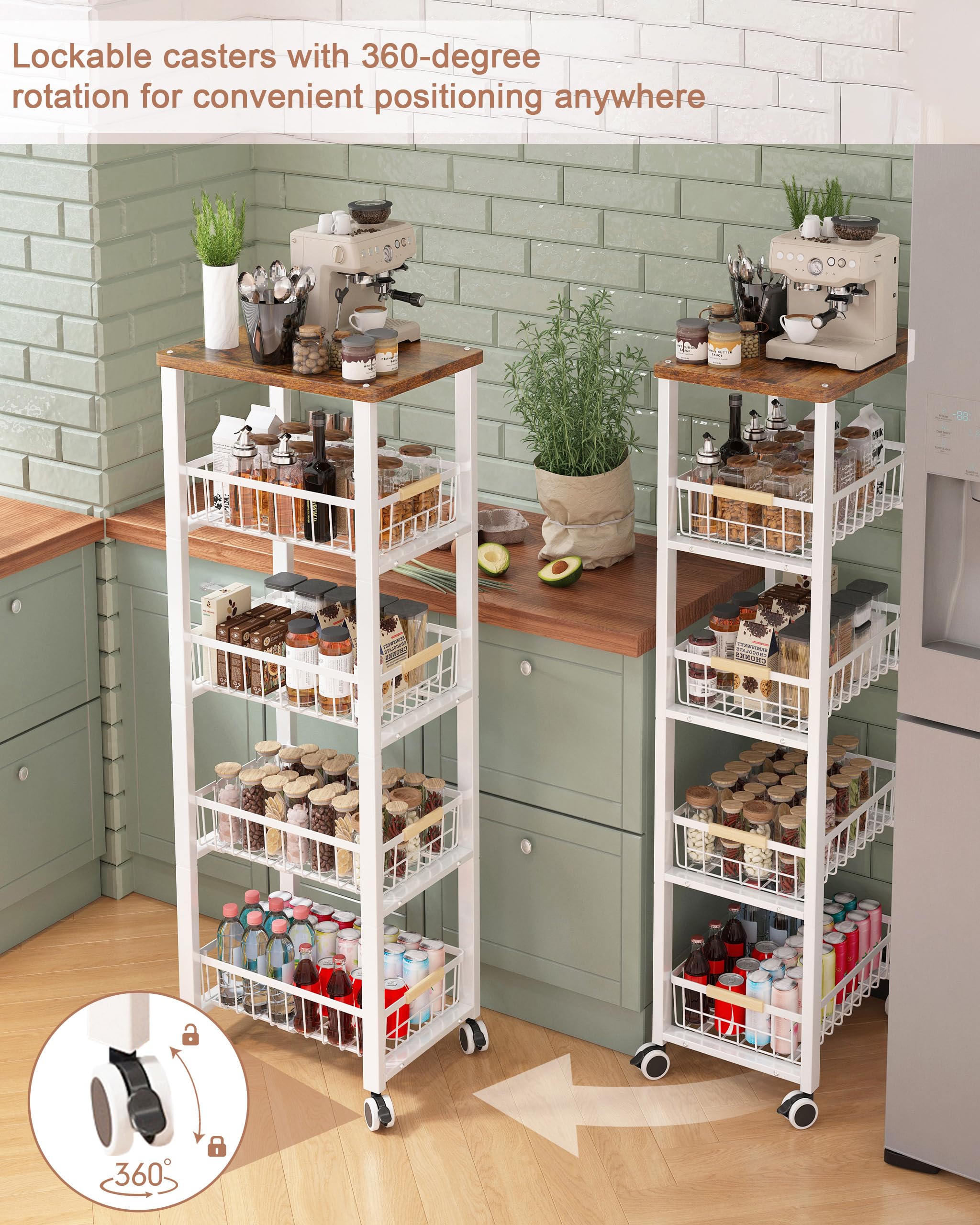 Ornestia 5-tier Vegetable Rack with Wooden Top for Kitchen Storage（White